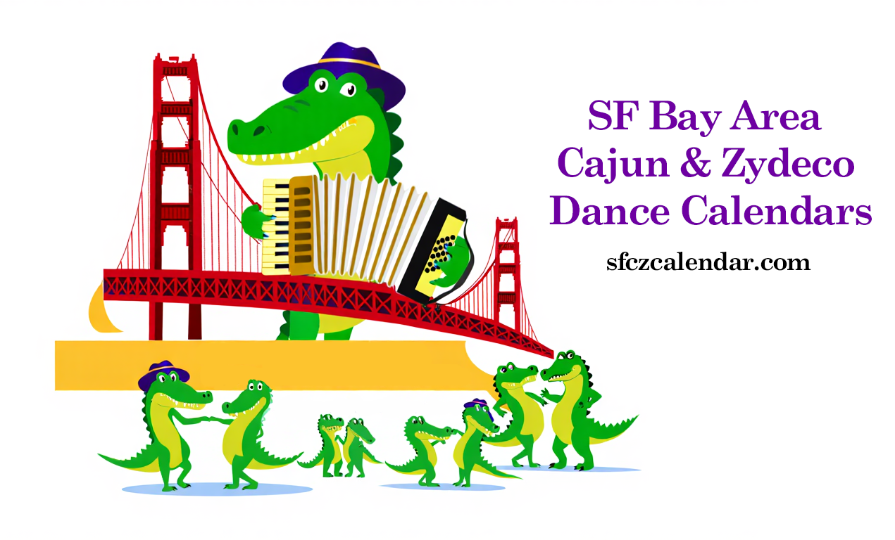 San Francisco Bay Area Cajun/Zydeco Dance Calendars - Alligators dancing with accordion at Golden Gate Bridge